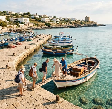 Small group boarding traditional Italian boat at Santa Maria di Leuca port for half-day cave tour