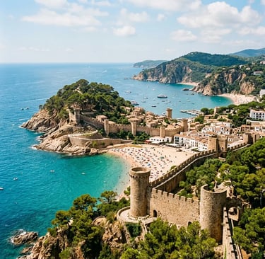 Aerial view of Vila Vella fortress walls and Tossa de Mar beach on the Costa Brava coastline