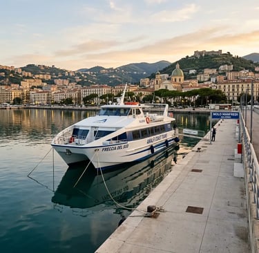 Tour boat docked at Molo Manfredi harbor in Salerno at sunrise ready for departure