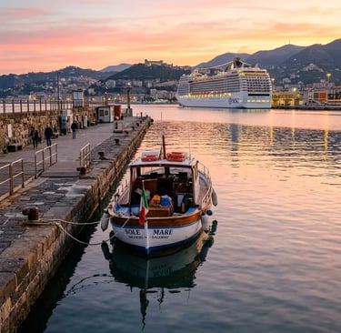 Small tour boat moored at Molo Manfredi Salerno port with cruise ship at sunset