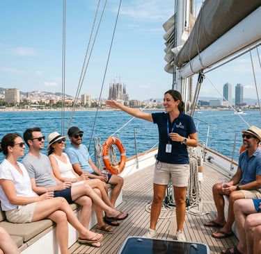 Live tour guide gesturing toward Barcelona coast while speaking to guests on yacht