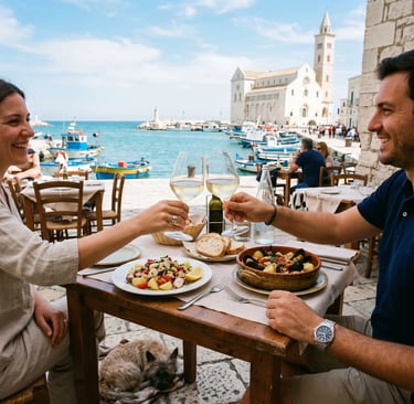 Pet-friendly seafood lunch at Trani harbor with couple toasting wine and dog resting below