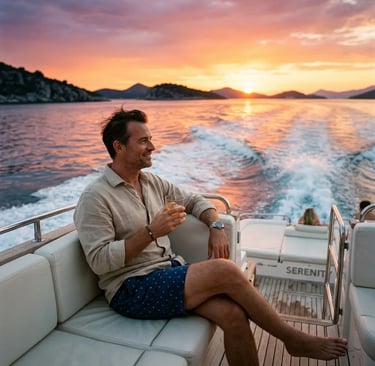 Traveler relaxing on a luxury boat at Adriatic sunset, island hopping from Split
