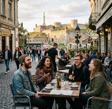 Group of travelers laughing at outdoor café in Belgrade near Kalemegdan Fortress