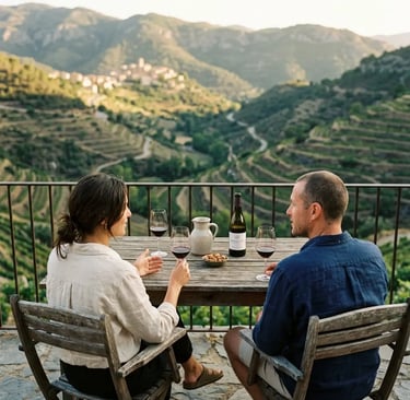 Couple tasting red wine on terrace overlooking terraced vineyards in Gratallops