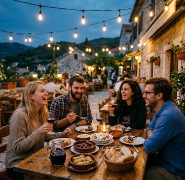 Travelers laughing over traditional Balkan dinner at an outdoor terrace at dusk