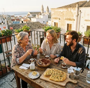 Local host and travelers sharing tiramisu and focaccia on a Bari rooftop at golden hour
