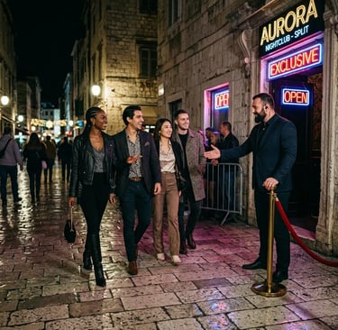 Group of stylish travelers welcomed past velvet rope at exclusive nightclub in Split
