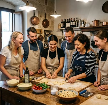 Travelers and a local guide making pasta during a hands-on cooking class in Bari