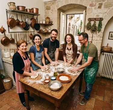 Travelers and local host laughing while kneading focaccia dough in a rustic Bari kitchen