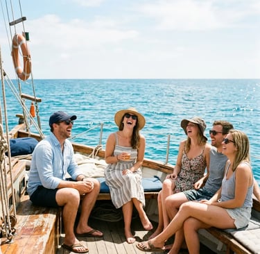 Small group of travelers laughing on a boat deck on the blue sea near Capri