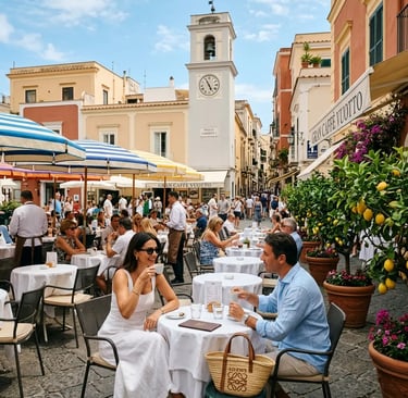 Couple enjoying espresso at Gran Caffè in Capri Piazzetta with lemon trees