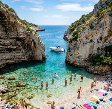 Swimmers in turquoise water at Stiniva Bay beach on Vis island Croatia