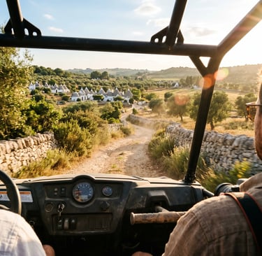 First-person buggy view of trulli village and Itria Valley dirt track at sunset