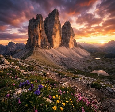 Tre Cime di Lavaredo at sunset with wildflowers and dramatic orange sky