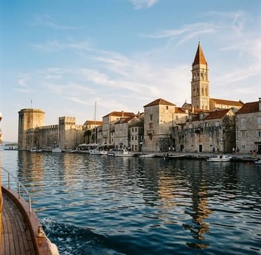 Trogir UNESCO old town and cathedral tower seen from the Magnific Raptor boat tour