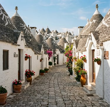 Whitewashed Trulli houses with conical stone roofs lining cobblestone street in Alberobello Puglia