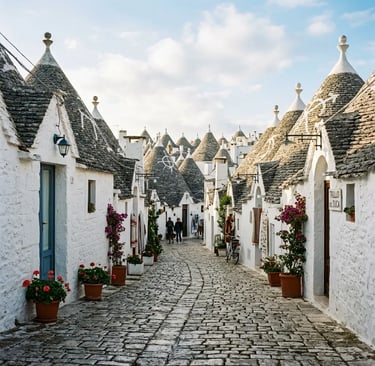 Whitewashed trulli houses with conical stone roofs along cobblestone street in Alberobello Puglia