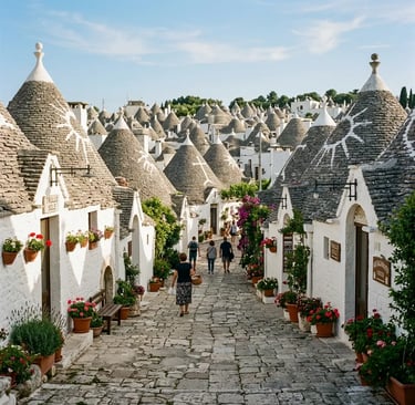 Conical Trulli rooftops lining cobblestone street in Rione Monti quarter Alberobello Puglia