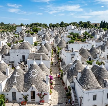Conical Trulli rooftops with painted symbols in Alberobello Rione Monti district