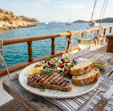 Grilled tuna steak with salad and bread served on a wooden sailing boat in Croatia