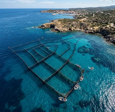 Aerial view of traditional tuna trap net chambers in turquoise waters off San Pietro island