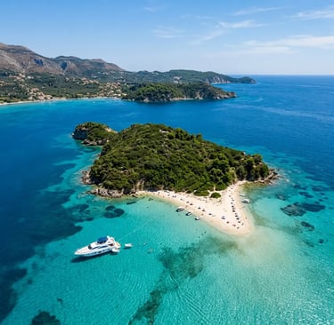 Aerial view of green island with white sand beach and yacht in turquoise Zakynthos waters