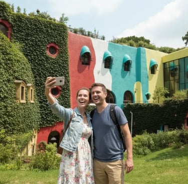 Couple taking a selfie at the colorful Ghibli Museum exterior.
