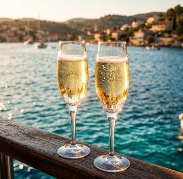 Two sparkling prosecco glasses on wooden boat rail overlooking turquoise sea