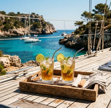 Two cold drinks on wooden tray on sailing yacht deck in Menorca cove