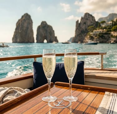Two Prosecco glasses on yacht deck with Capri Faraglioni rocks in background