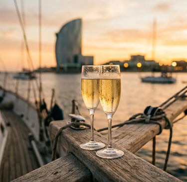 Two glasses of chilled cava on a yacht deck with Barcelona W Hotel at sunset