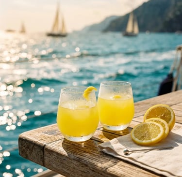 Two glasses of chilled Limoncello on a boat deck with sailboats and bright sea behind