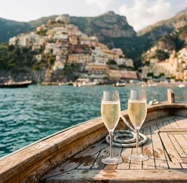  Two glasses of prosecco on a wooden Gozzo boat deck with Positano village in background