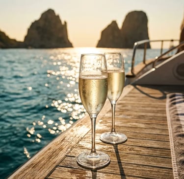 Two chilled Prosecco glasses on wooden yacht deck with Faraglioni rocks at golden hour