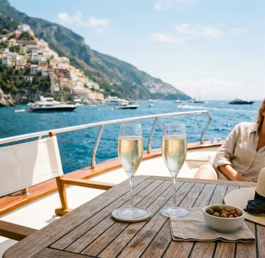 Two glasses of chilled Prosecco on a teak yacht deck overlooking the Amalfi Coast