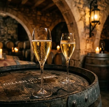 Two glasses of cava sparkling wine on oak barrel in candlelit Catalan wine cellar