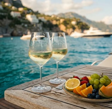 Two glasses of white wine and fresh fruit on a boat deck over turquoise Adriatic sea