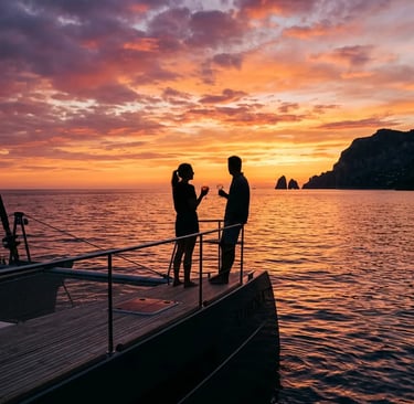 Couple silhouette toasting sunset aperitif on catamaran bow near Capri Island