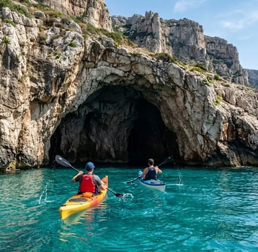 Two kayakers paddling toward a coastal sea cave in turquoise water near Tossa de Mar