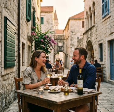 Couple laughing over Pošip wine at outdoor table in Trogir old town stone alley