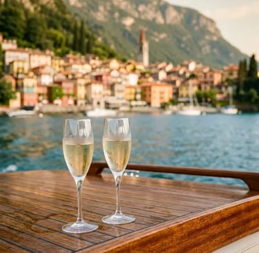 Two prosecco glasses on polished wooden boat deck with Varenna village in background