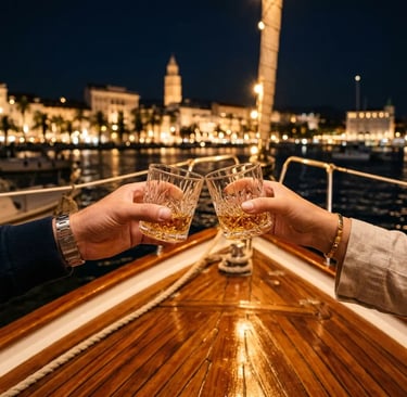 Two crystal glasses clinking on polished sailboat deck with Split harbor lights behind