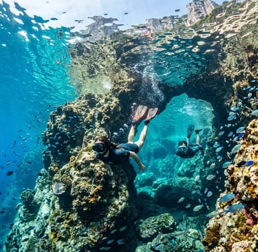 Two snorkelers exploring rock formations and fish in crystal-clear Capri water