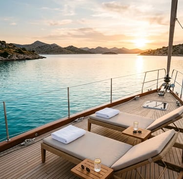 Two sunbeds with folded towels on a private boat deck at sunset in the Adriatic