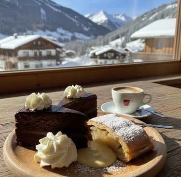 Chocolate cake, apple strudel, and a cup of coffee on a wooden table overlooking snowy Alpine villag