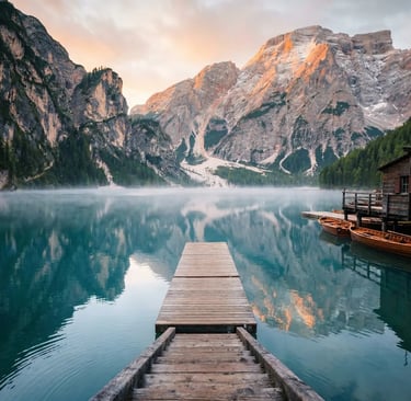 Wooden pier extending into calm misty Lake Braies with rowing boats and mountain backdrop