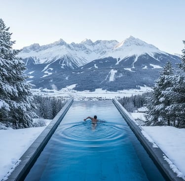 Luxury heated outdoor infinity pool in Val Gardena with a panoramic view of the snowy Dolomite mount