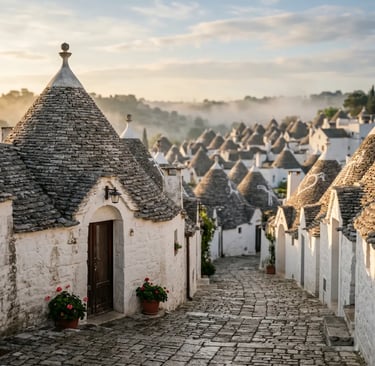 Conical trulli rooftops in Alberobello's Rione Monti district at golden sunrise, empty cobblestone street.