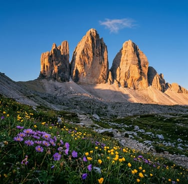 Tre Cime di Lavaredo at golden hour with purple and yellow alpine wildflowers